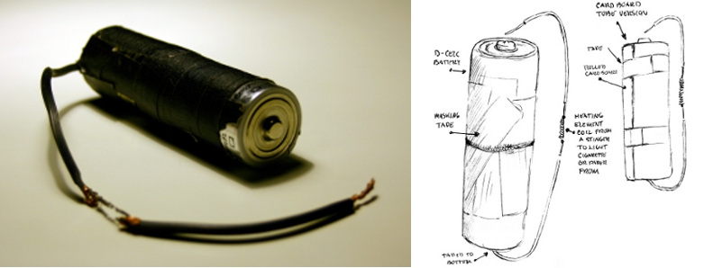 Battery cigarette lighter and design plans by prisoners.