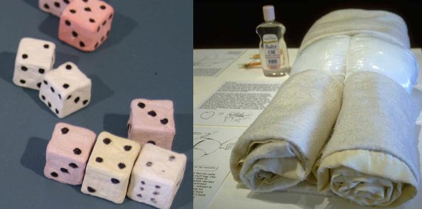 Papier Mache dice and "muff bag" (homemade sex doll) invented by prisoners. Recreated by Temporary Services from the designs of prisoner Angelo.