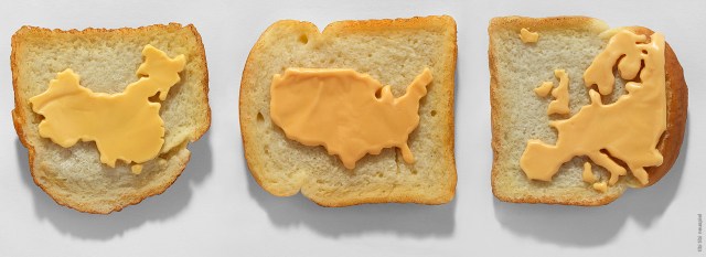 tibi tibi neuspiel procossed cheese maps on toast (china usa europe) 2010 oil paint and pigmented beeswax Tibi Tibi Neuspiel, Processed Cheese Maps on Toast (China USA Europe), 2010. Oil paint, pigmented beeswax.