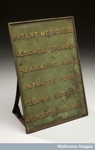 Metal pharmacy sign advertising a range of wares, including leeches, England, 19th century. 