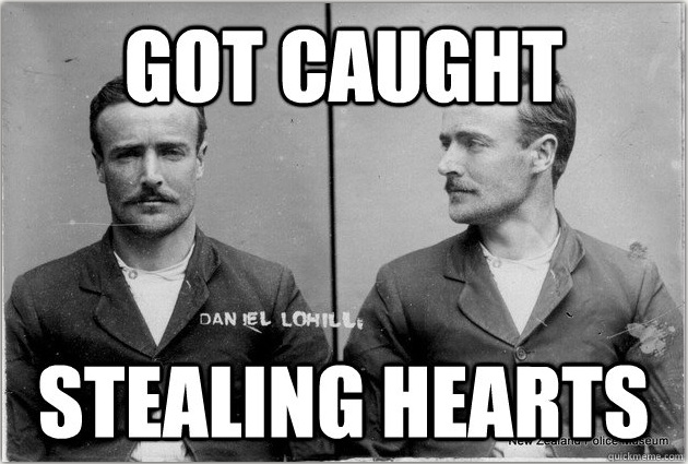 Meme of Daniel Lohill's mug shot, with the words 'Got Caught Stealing Hearts'