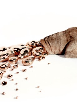 Half of a taxidermy lion with gold dripping from it.