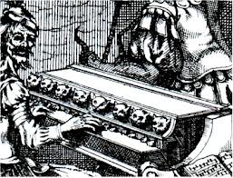 Woodcut illustration of a katzenklavier.