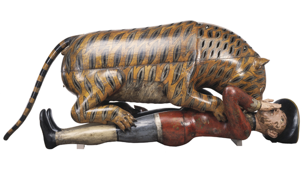 Tiger automaton mauling a man in European dress