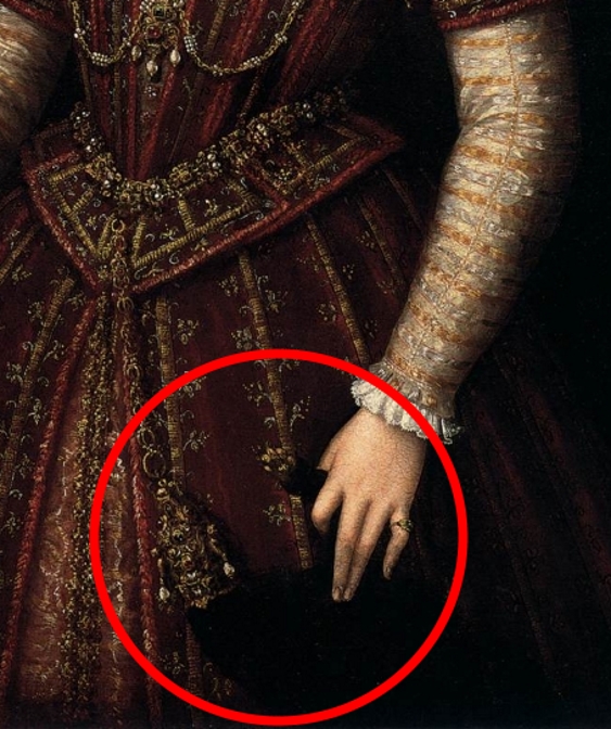 Painting detail of a jewelled weasel pelt being held by a Renaissance era bride in a red wedding gown