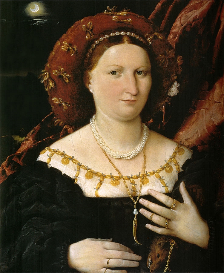 Portrait of a Renaissance noblewoman touching her stomach and holding a mink pelt