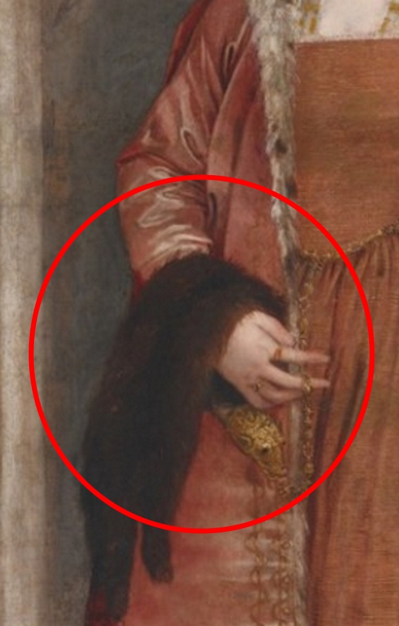 Painting detail of a jeweled marten or weasel pelt over the arm of a pregnant noblewoman
