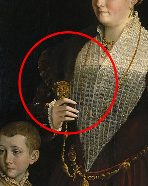 Painting detail showing a noblewoman with her hand gently fingering the jeweled head of a weasel pelt