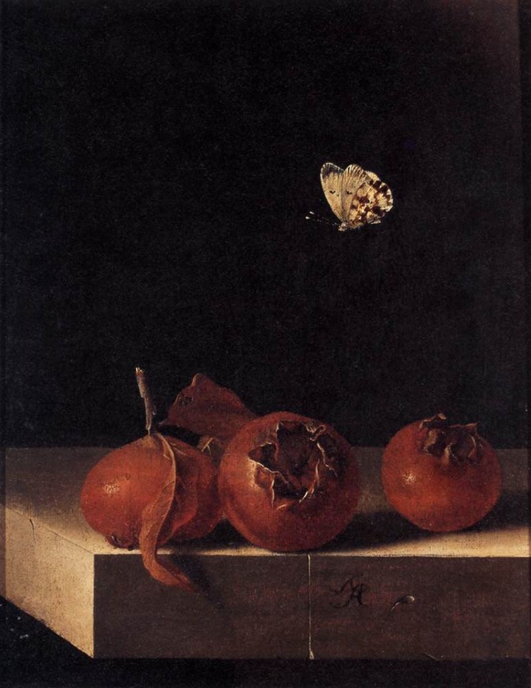 Oil painting of three medlar fruits on a table against a black background with a yellow butterfly flying over