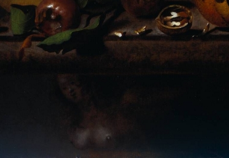 Painting detail showing a table carved like a bare breasted woman