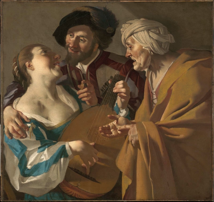 Painting of a beautiful young prostitute playing a stringed instrument to a young man holding a coin. On the right, an ugly older woman haggles with him over the price.