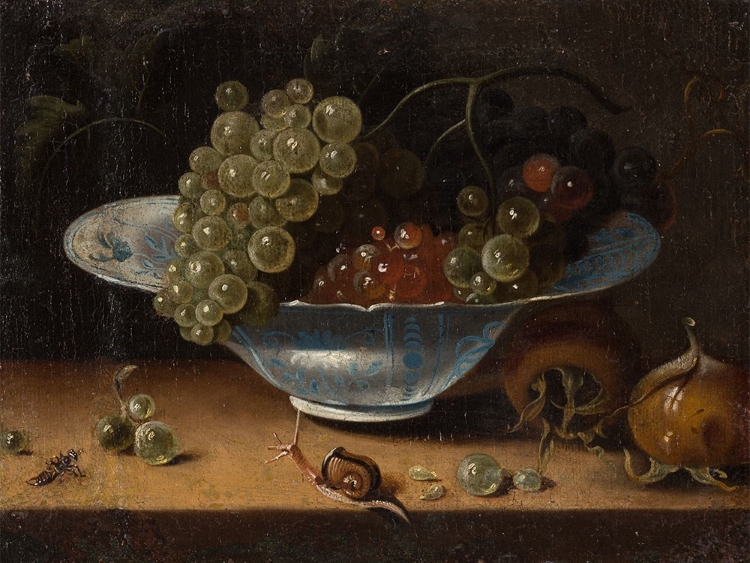 Painting of a grapes in a decorative bowl, with two medlar fruits sitting beside. A snail in the foreground crawls toward the grapes.