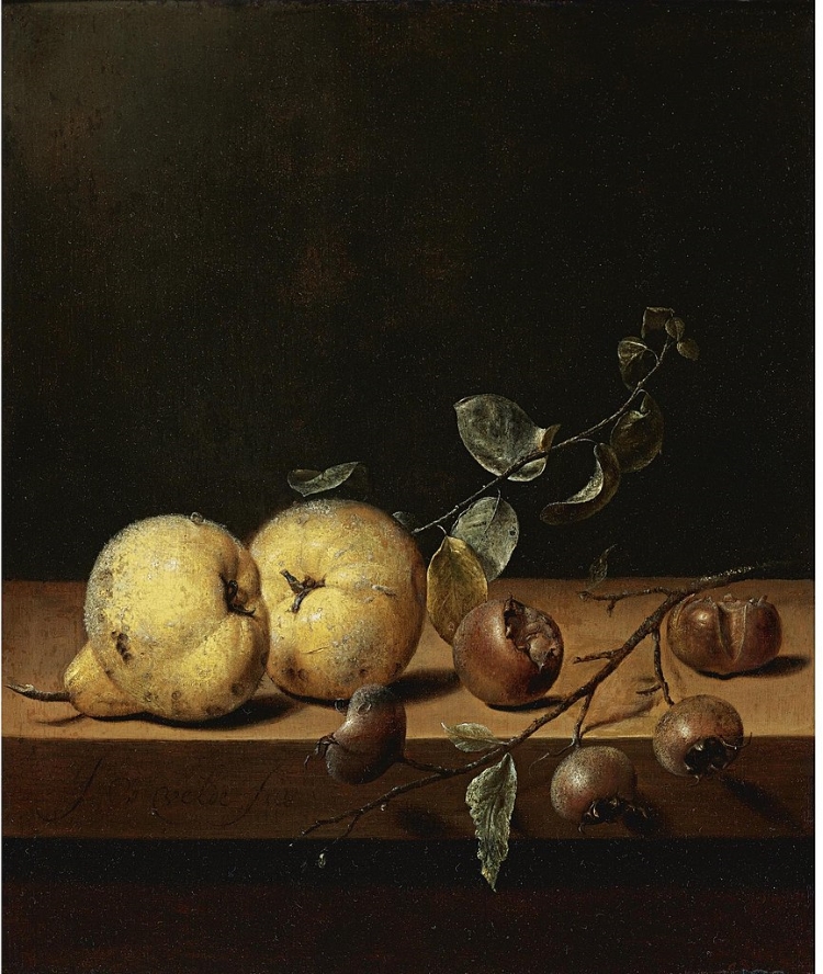 Oil paintings of two pears and five medlar fruits on a table ledge against a dark background