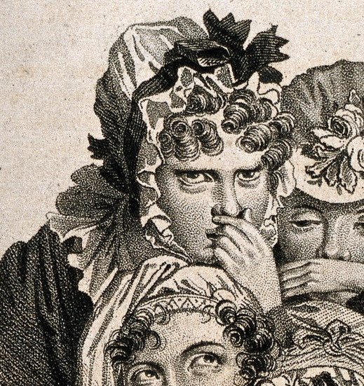 Detail from Louis Boilly's 'The Snuff Takers' showing a lady in a frilly bonnet glaring out at the viewer while she holds her nose. 
