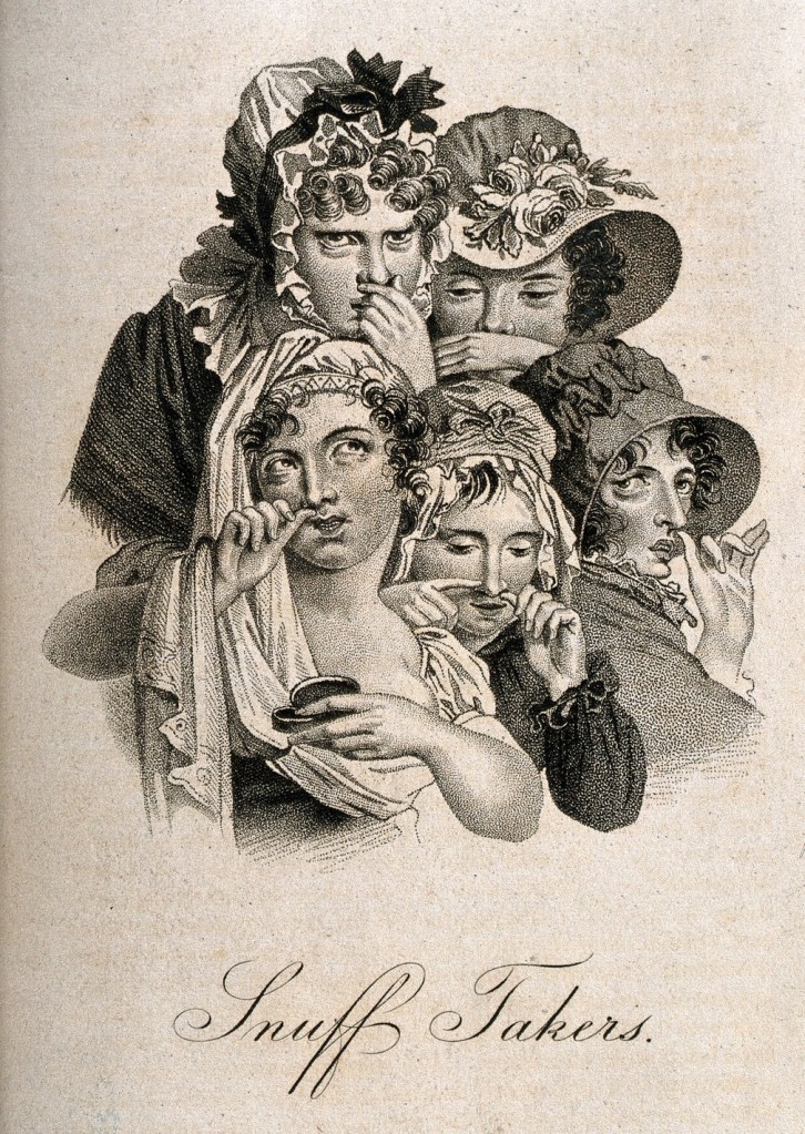 Etching of five fancy Victorian ladies with various amusing expressions, all with their fingers up their noses. 